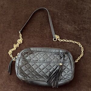 Isaac Mizrahi Black Quilted Leather Shoulder Bag with Gold Chain